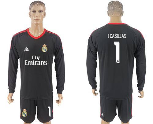 Real Madrid #1 I Casillas Black Goalkeeper Long Sleeves Soccer Club Jersey - Click Image to Close